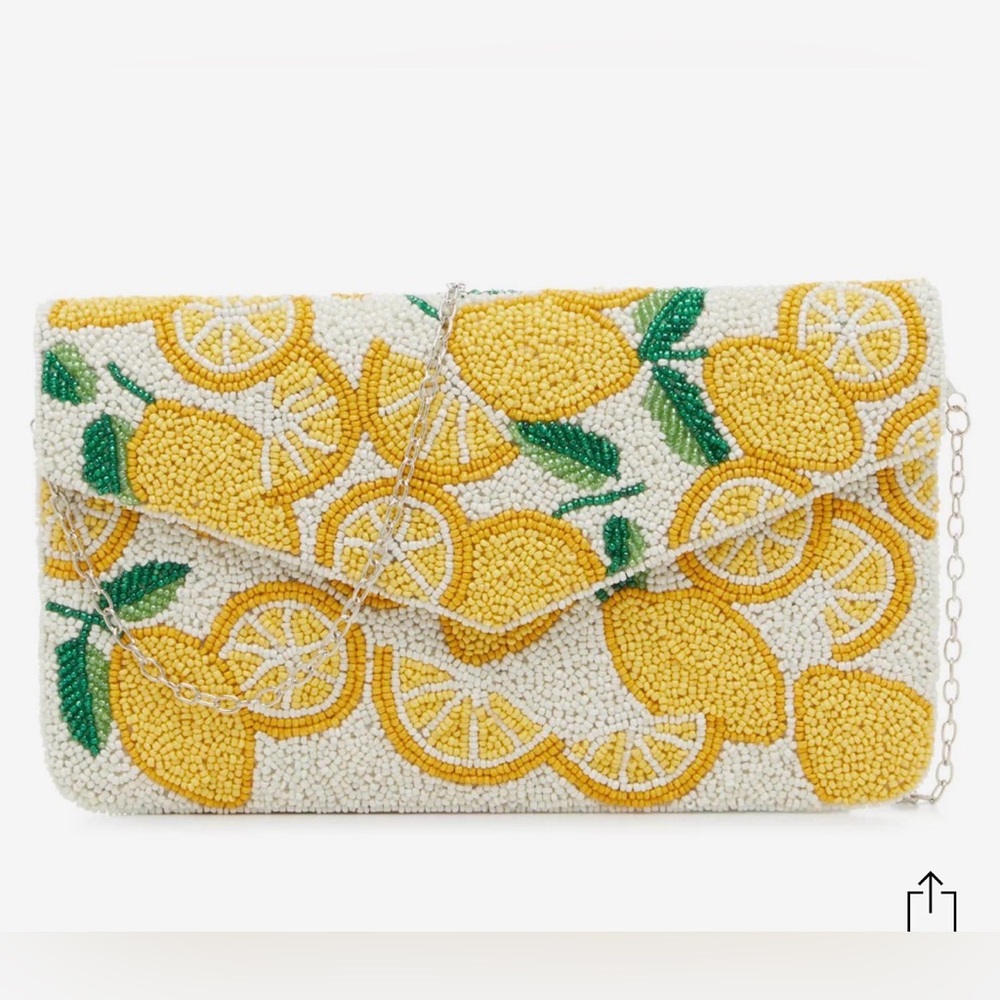 Kelly & Katie Beaded Lemon Motif Envelope Clutch in Yellow and Green